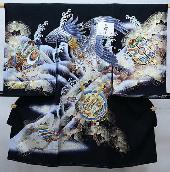 お宮参り産着 男児 正絹 のしめ 豪華絢爛 金刺繍 鷹 黒地 NO35120楽天 