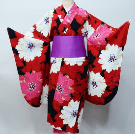 二尺袖着物 単品 仕立て上がり 紅一点 日本製 着物丈は着付けし易いショート丈 合繊 卒業式 赤色 新品（株）安田屋 NO34482-4-2