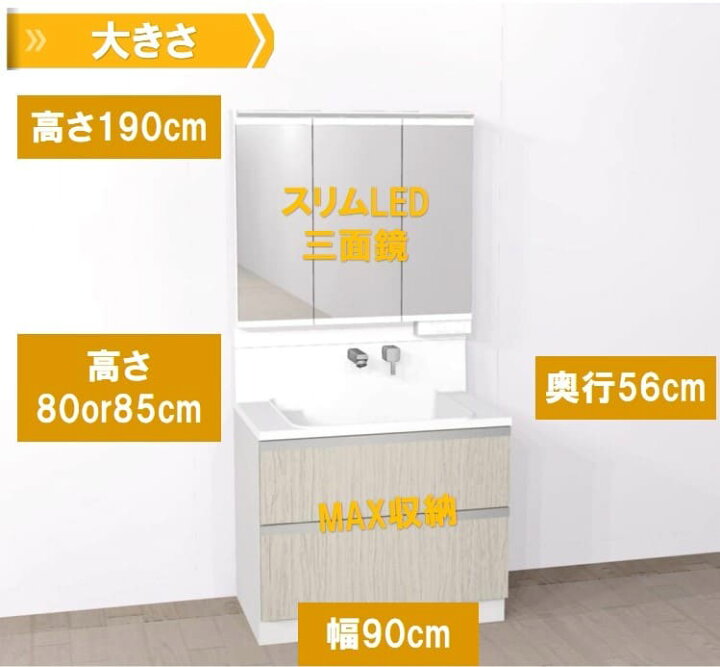 楽天市場】洗面化粧台 900 三面鏡 扉カラー22色×取っ手4タイプ選べる 