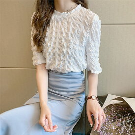 【500円OFFクーポン・17日9:59迄】 二の腕隠し 二の腕かくし ブラウス 半袖 ルーズフィットフェミニンブラウス ブラウス ルーズ フィット フェミニン オーバーサイズ オーバーシルエット FREE フリーサイズ PREMINA ファッション レディース 5分袖