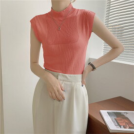 【500円OFFクーポン・17日9:59迄】 シースルーノースリーブサマーニット カットソー トップス サマーセーター リブニット プチハイネック シンプル 袖なし 薄手生地 シンプル リブ編み 透け感 細見え ワンサイズ FREE フリーサイズ