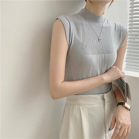 【500円OFFクーポン・17日9:59迄】 シースルーノースリーブサマーニット カットソー トップス サマーセーター リブニット プチハイネック シンプル 袖なし 薄手生地 シンプル リブ編み 透け感 細見え ワンサイズ FREE フリーサイズ