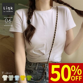 お買い物マラソン ＼最大50％OFFクーポン配布中／ ティーシャツ フロントツイストクロップドTシャツ Tシャツ シンプルシャツ 丸首 半袖シャツ 半袖 ツイストデザイン クロップド丈 デザインTシャツ FREE フリー フリーサイズ PREMINA ファッション レディース