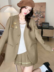 セットアップ 女性 カーキ ゆったり 西装風 ジャケット プリーツ スカート 2点セット