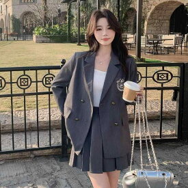 スーツセット レディース グレー 学院風 プリーツスカート ジャケット セットアップ 小柄対応 上品
