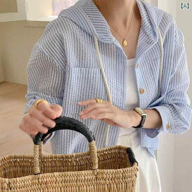ブラウス レディース ストライプ 配色 フード付き 長袖 ゆったり カジュアル 前開き ボタン シンプル ベーシック 羽織り おしゃれ きれいめ 大人 体型カバー 抜け感 爽やか 定番 デイリー タウン