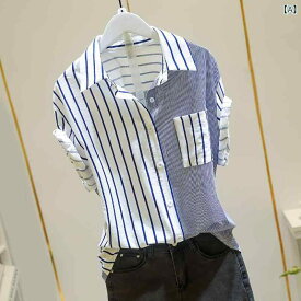 シャツ レディース 半袖 ストライプ ブルー 切り替え ゆったり きれいめ カジュアル おしゃれ シンプル ベーシック 定番 スタンダード 爽やか 上品 大人 普段使い オフィス 通勤 通学 前開き リラックス