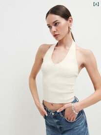 タンクトップ レディース Vネック キャミソール ノースリーブ タイト ショート丈 ニット トップス インナー 重ね着 ストレッチ フィット感 伸縮性 ヘソ出し 無地 シンプル 合わせやすい