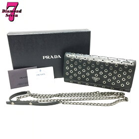 【送料無料】【美品】PRADAプラダチェーンウォレットブラックリングモチーフテスート長財布1MT290