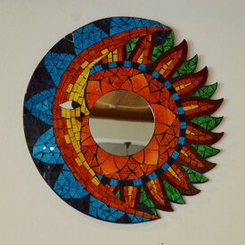アジアン バリ 雑貨 ♪モザイクガラスの壁掛けミラー（月と太陽40）♪ インテリア おしゃれ エスニック 鏡 ウォールミラー 丸 壁飾り バリ風 リゾート