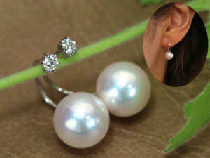 ダイヤモンド一粒と真珠キャッチが一体化したピアス ダイヤモンドは6本爪枠 パールはアコヤパール8mm 受注品/送料無料