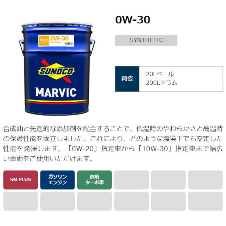 楽天市場】sunoco エンジンオイル MARVIC 0W-30 20L×1 マーヴィック 