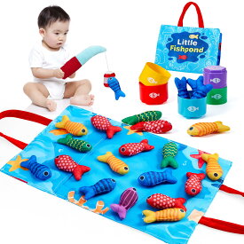モンテッソーリ式知育玩具 22点布製釣りゲームセット＋積み重ねカップ付き 3歳向け 男女共用 多機能型合わせ＆指先訓練 赤ちゃんの早期開発に最適