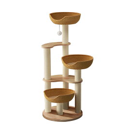 キャットタワー 木製 大型 据え置き インテリア性 多頭飼い スリム 夏冬兼用 見晴台付き 猫タワー 手編みカゴ/宇宙船クリアボウル 天然麻紐 爪とぎ 高さ133cm