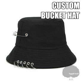 バケットハット サファリハット 安全ピン 5リング付き 黒 ブラック 帽子 キャップ 男女兼用 日焼け対策 韓国 韓流　K-POP
