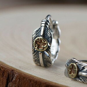 羽根 フェザー フープピアス シルバー×ゴールドコンチョ サークル サウンド 銀 片耳 1個 シングル 男女兼用 外径16ミリメンズ アクセサリー ネイティブ 人気