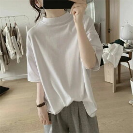Tシャツ レディース ハイネック 半袖 春 夏 カットソートップス ティーシャツ ドロップショルダー Tシャツ 半袖tシャツ 綿 コットン ゆったり 大きいサイズ 無地 おしゃれ 体型カバー ゆったり シンプル デイリー 着回し 通勤 通学 買い物 普段着 春夏 白T 白 黒
