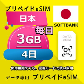 データ通信eSIM 日本 毎日 3GB 4日 esim 格安eSIM SIMプリー 日本 データ専用 Softbank