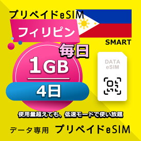 データ通信eSIM フィリピン 毎日 1GB 4日 esim 格安eSIM SIMプリー フィリピン データ専用 SMART
