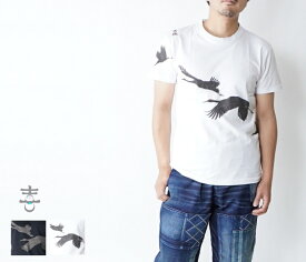 30%OFF SALE セール 喜人 12003　夜鶴柄プリント 半袖Tシャツ　日本製　送料無料　和柄　メンズ和