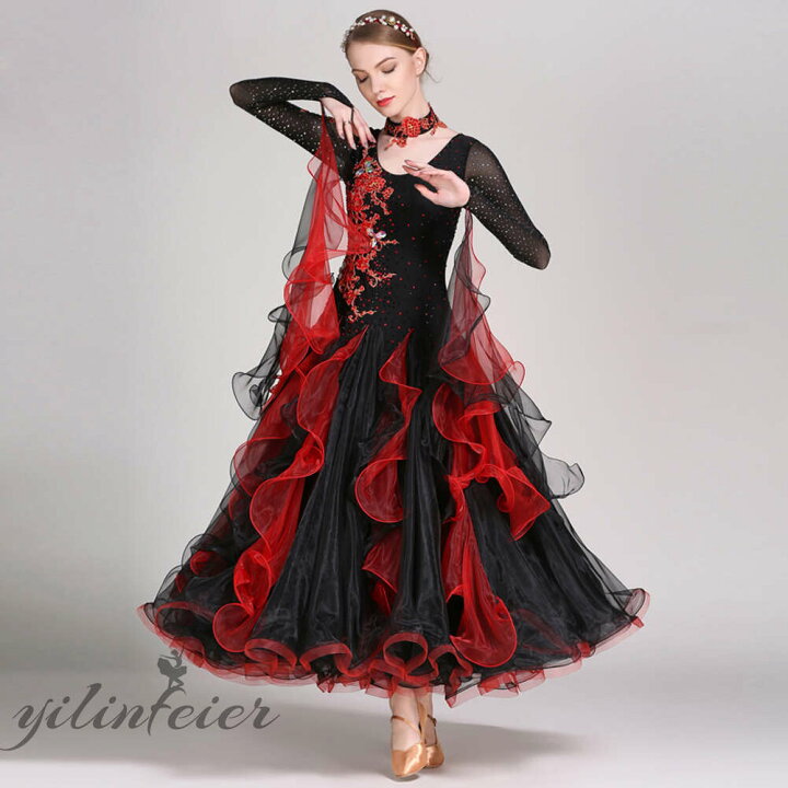 楽天市場】社交ダンスドレス 社交ダンス衣装 黒赤 豪華 スタンダード  