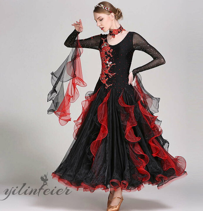楽天市場】社交ダンスドレス 社交ダンス衣装 黒赤 豪華 スタンダード  