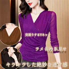 社交ダンス トップス レディース ラメ シースルー トップス Vネック インナー 日常着 通勤通学 社交ダンス トップス モダンダンス ダンスTシャツ ダンスウェア レッスン着 インナー シースルー カットソー 長袖 肌見せ 透け感 おしゃれ 薄手 重ね着 海外通販