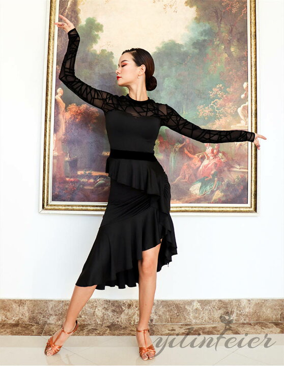 LNIGHT] 社交ダンス ラテンドレス ベルベット 長袖 ラテンダンス衣装  