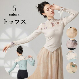 社交ダンス 練習着トップス 長袖 花柄メッシュ フレアスリーブ 古典舞踊 バレエ練習着トップス ダンスウェア 踊りブラウス 蝶 蓮花 高襟 コンテンポラリー 衣装 フリル トップス バレエtシャツ ジャズ ダンス ヨガウェア ダンスTシャツ レッスン着 海外通販