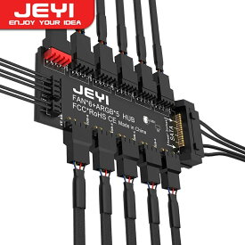 JEYI 4ピン PWM & 5V 3ピン ARGB SATA 15ピン電源付き 5 ウェイ同期ファンハブ CPU 冷却ファン アドレス指定可能な RGB 照明 PCB スプリッター