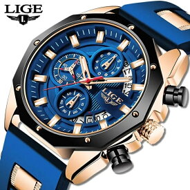 LIGE ファッションメンズ腕時計トップブランドの高級シリコーンスポーツウォッチメンズクォーツ日付時計防水腕時計クロノグラフ時計男