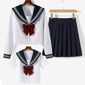 即納 セーラー服 半袖 3点セット女子高校 コスプレ 上下セット 長袖セット 半袖セット プリーツスカート 大きいサイズあり ミニスカート スクール 制服 女子高生 高校生 学生服 文化祭 学園祭 コスプレ ハロウィン 仮装 コスチューム　ネイビー 白 人気JK制服 クリスマス