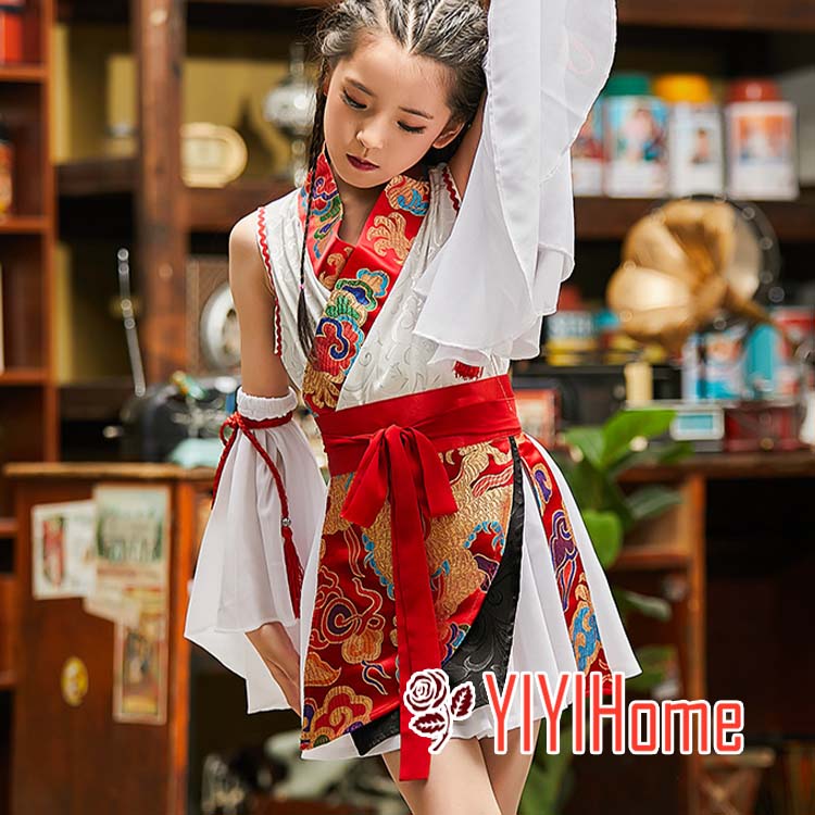100cm〜160cm 子供中華風ダンス衣装4点セット チャイナ風 和風 膝丈