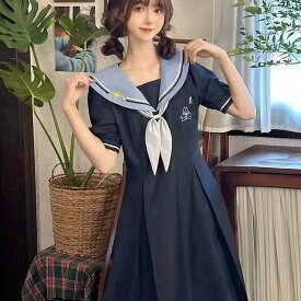 夏新作 学院風 セーラー服 ワンピース レディース 半袖 ウエストシェイプ 美シルエット 体型カバー ミモレ丈 プリーツスカート Aライン 女子学生風 清楚系 上品 フェミニン 通学 通勤 デート カジュアル 着痩せ効果 大人可愛い 春夏対応 トレンド おしゃれ