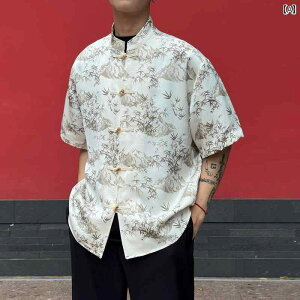 メンズ ファッション 春夏 秋冬 かっこいい オシャレ モテ 男性用 紳士服 服 韓国 シンプル 大人 中国 墨 竹 風景 ハイエンド スタンドカラー プレート ボタン 半袖 シャツ メンズ 夏 薄手 シ
