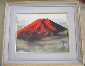 6号日本画 秀月・作「赤富士」 黒フレーム