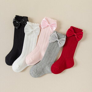 靴下 キッズ 女の子 子供用 ニーハイソックス リブ編み 無地 かわいい 蝶結び付き 春秋冬 コットン 通気性 吸汗性 ホワイト ピンク系 グレー ブラック レッド
