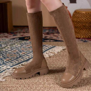 ブーツ レディース 筒高ブーツ スエード調 伸縮性 ストレッチ 復古風 チャンキーヒール ローヒール スクエアトゥ 秋冬 ブラック カーキ 35 36 37 38 39 40