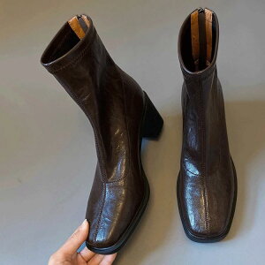 ブーツ レディース 革 レトロ 太ヒール スクエアトゥ ストレッチ 伸縮性 美脚効果 通勤 ショートブーツ 春秋 黒