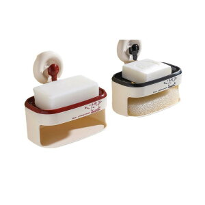 石鹸ケース スポンジ置き付き 吸盤式 石鹸ホルダー 水切り 穴あけ不要 ABS素材 浴室 洗面所 クリームレッド クリームブラック