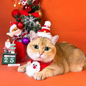 猫 帽子 かわいい クリスマス アクセサリー ニット ペット 帽子 ブローチ 新年 パーティー 手作り マフラー(x2)