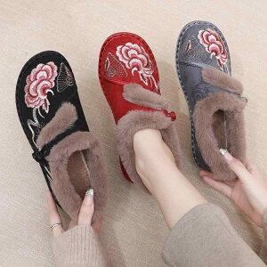 靴 レディース 婦人靴 防寒 あったか スノーシューズ ウィンターシューズ 刺繍 エスニック ママシューズ 和風 和柄 チャイナ風 北京布靴 帆布 フラット ぺたんこ 黒 赤 グレー