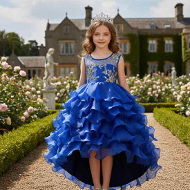 子供用ドレス レース プリンセス チュールスカート ケーキスカート ゴールド刺繍 裾引き イブニングドレス ガールズ フォーマル 結婚式 発表会 パープル グレー グリーン ブルー
