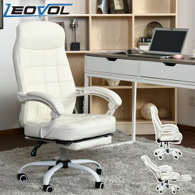 楽天1位★5冠達成 LEOVOL ゲーミングチェア デスクチェア リクライニングチェア 白 ホワイト 女性 仕事 椅子 かわいい おしゃれ 合皮 母の日 疲れない 腰痛 回転 コの字型脚 オフィスチェア 肘掛け 収納式オットマン 連動式アームレスト 高級感 キャスター 3タイプ 事務用