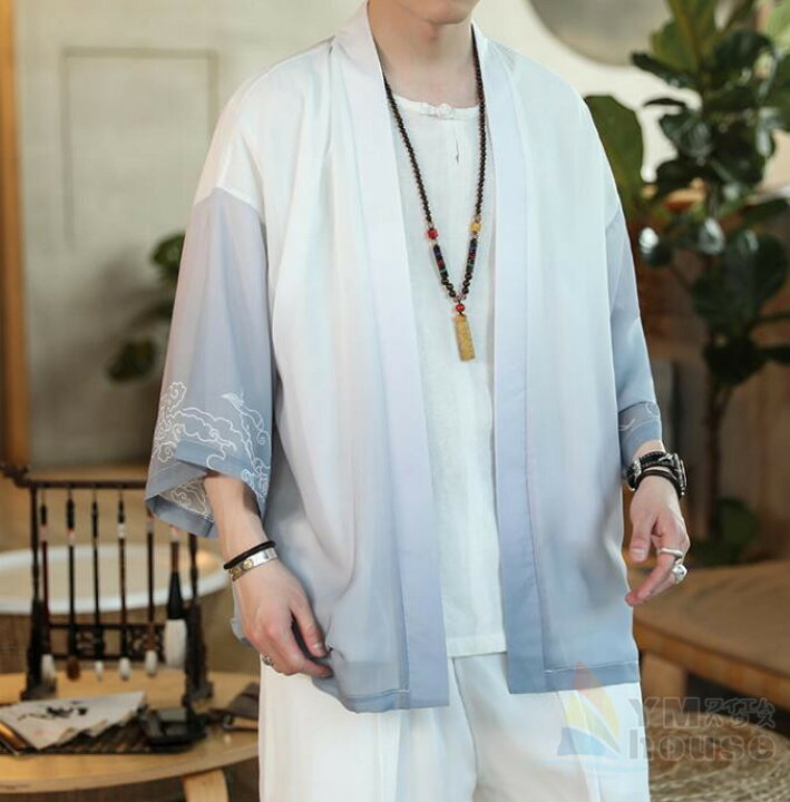 カーディガン メンズ 羽織 着物 甚平 色切り替え 春夏 開襟シャツ 和風 はおり 浴衣風 ゆったり 七分袖 花火大会 夏祭り 父の日 人気新品入荷