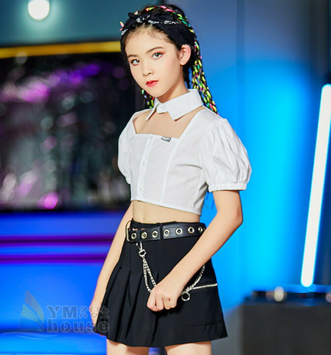 楽天市場 キッズ ダンス衣装 ガールズ へそ出し ジャズダンス 韓国 チアガール 応援団 スカート 団体服 半袖トップス セットアップ チア 練習着 演出服 練習着 大量注文対応 ワイエムハウス