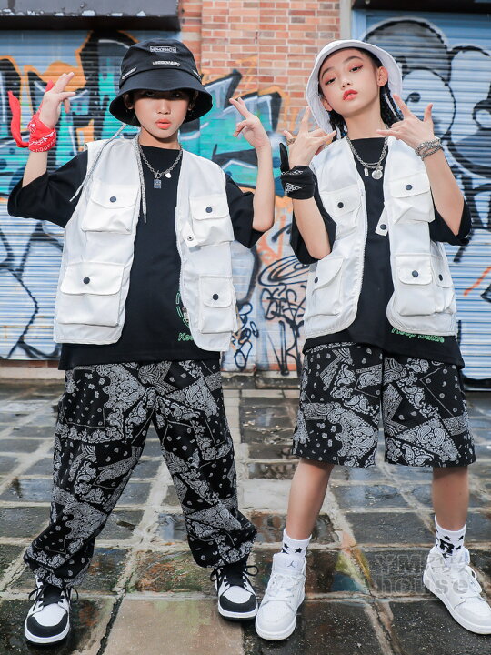 楽天市場 ヒップホップ キッズ ダンス 衣装 ベスト パンツ セットアップ Hiphop ストリート トップス ハーフパンツ 団体服 コスプレ ダンス衣装 ノースリーブ 子供 ダンスファッション キッズ ジュニア 女の子 男の子 ワイエムハウス