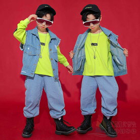 ヒップホップ ダンス衣装 セットアップ キッズ ダンスファッション キッズダンス衣装 デニムベスト ロングパンツ デニム 子供 韓国 K-POP レッスン ダンスウェア ジャズ hiphop ストリート