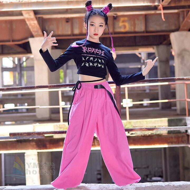 楽天市場】キッズ ダンス衣装 へそ出し 黒トップス カーゴパンツ 長袖 
