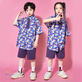 ダンス衣装 キッズ ヒップホップ K-POP セットアップ チェック柄 半袖シャツ ハーフパンツ HIPHOP 男の子 女の子 保育園 発表会 子ども服 かわいい 運動会 ダンスウェア 演出服 練習用 紫 パープル 団体服